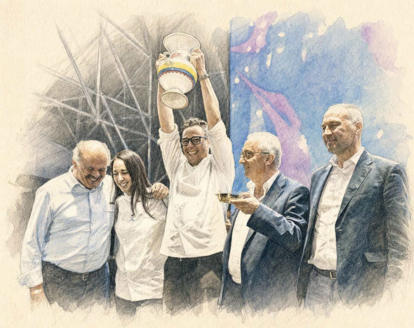Mourad Dakir alza il trofeo del Campionato del Mondo di Couscous 2024, ritratto come un disegno